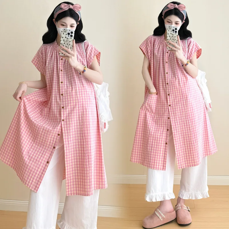 Summer Fresh Pink Plaid Wide Leg Pants with Lace Hem Three Quarter Sleeve Petal Cuff Street Style Fashion A035-1677