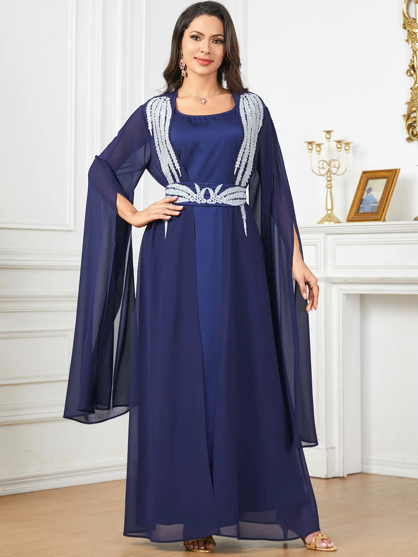 Caftán bordado de gasa de manga larga para mujer, conjunto de vestido interior de Abayas, Kimono abierto, Dubai, Turquía, marroquí, Islam, Jalabiya, Eid Mubarak