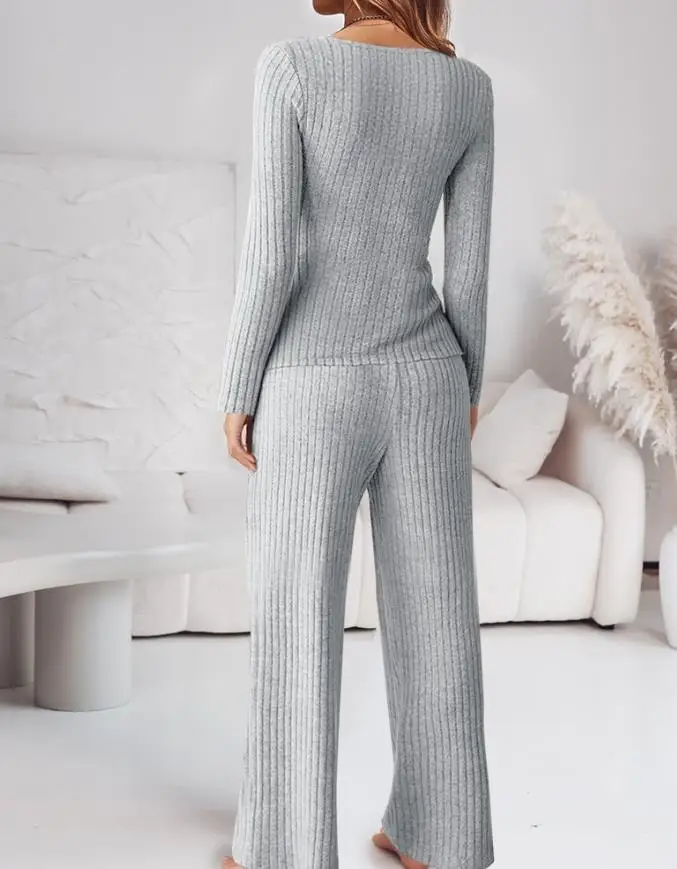 

Lace Trimmed Square Neck Long Sleeved Top and Drawstring Straight Leg Pants Set for Autumn Women's Slim Fit Solid Color Home Set
