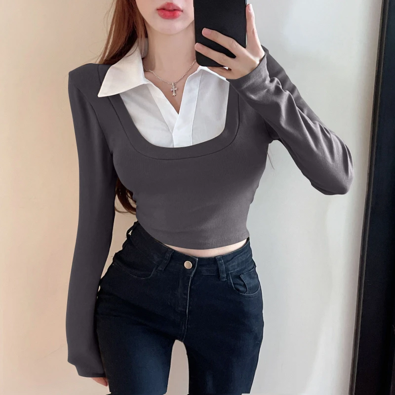 Women\'s Polo Shirts Button Sexy T-shirts Slim Long Sleeve Clothes Tee Crop Top Fake 2 Pcs Korean For Ladies Hot Girl Blouses