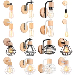 Loft Iron Wood Wall Light Countryside Lampshade Sconce Industrial Bedside Wall Lamps for Bedroom Kitchen Modern Indoor Lighting