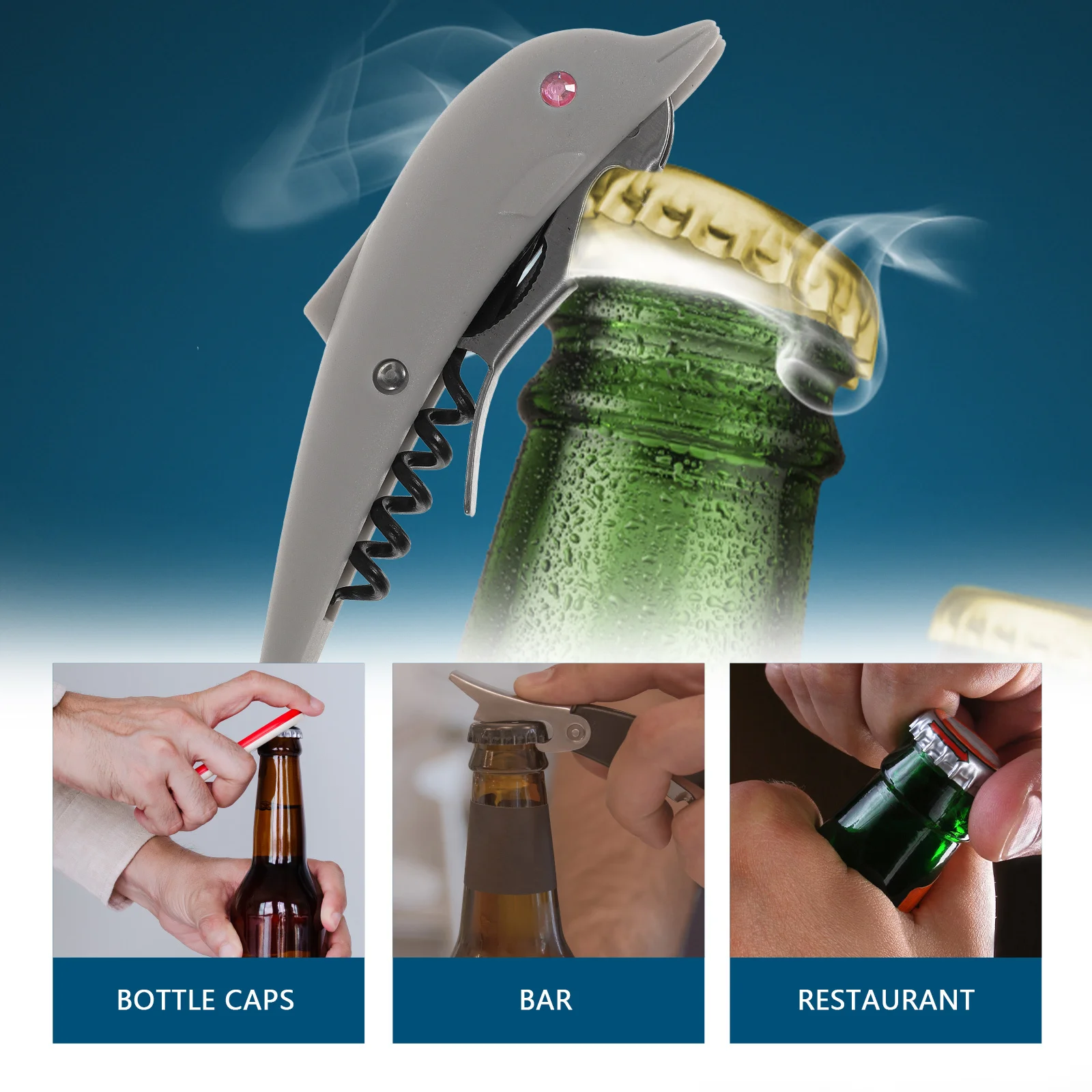 2 قطعة فتاحة الزجاجات دولفين شكل رمادي قسط بار مطعم المنزل استخدام الإبداعية البيرة النبيذ فتاحة المطبخ بار أداة #2