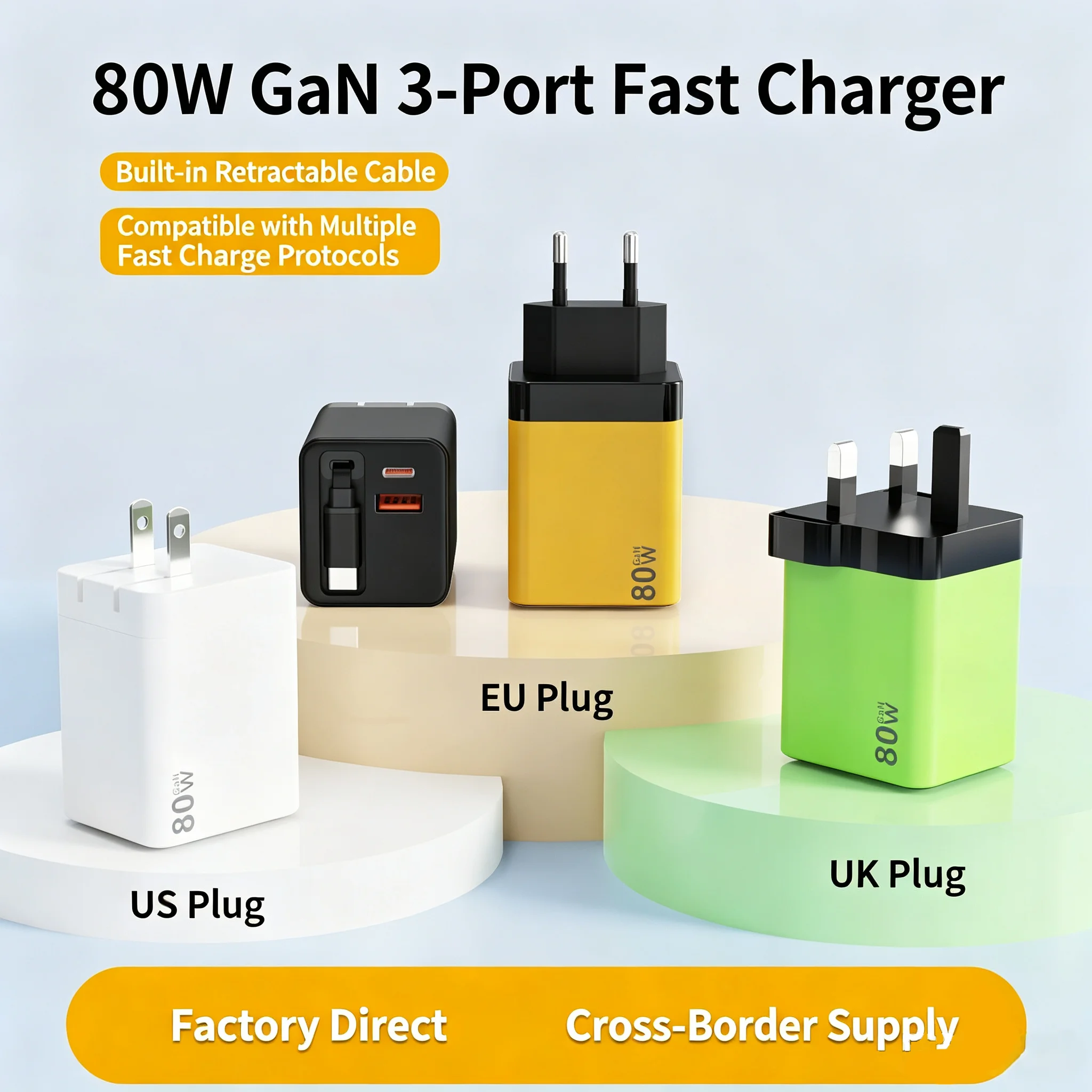 80W GaN 3-Port Fast Charger with Built-in Retractable USB-C Cable, A+2C PD Charger, US EU UK Plug Travel Wall Charger for Phone,