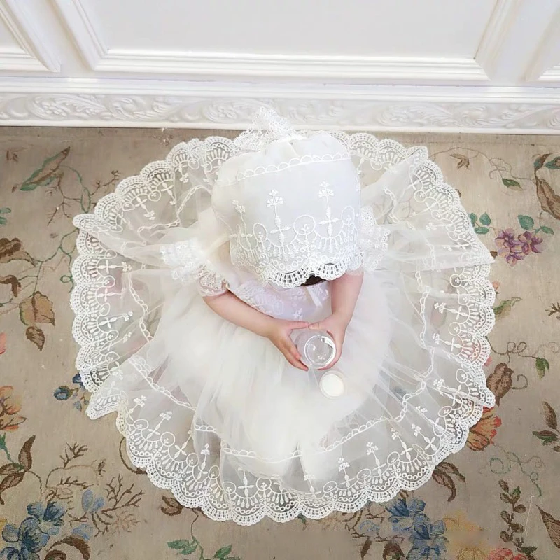 Newborn Baby Girls Baptism Dress White Lace Princess Infant Dress With Hat Kids First Birthday Ball Gown For 3-24 Month