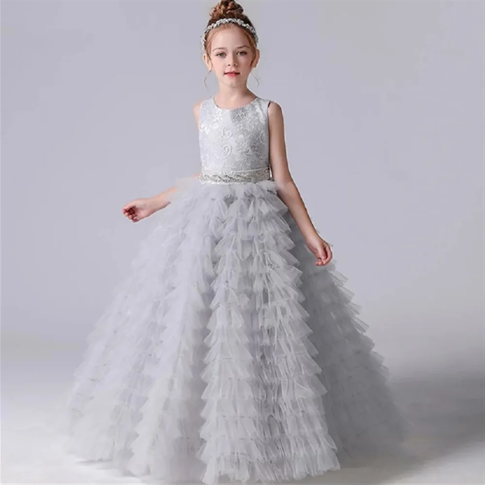 

Customized Flower Girl Wedding Dress Girls Beading Tiered Sleeveless Dress with Bow Princess Birthday Party First Communion Gown