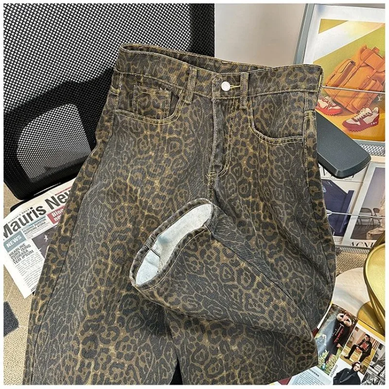 

Y2k Retro Fashion Leopard Print Jeans for Women High Waisted Streetwear Denim Pants Hip Hop Straight Wide Leg Baggy Jeans