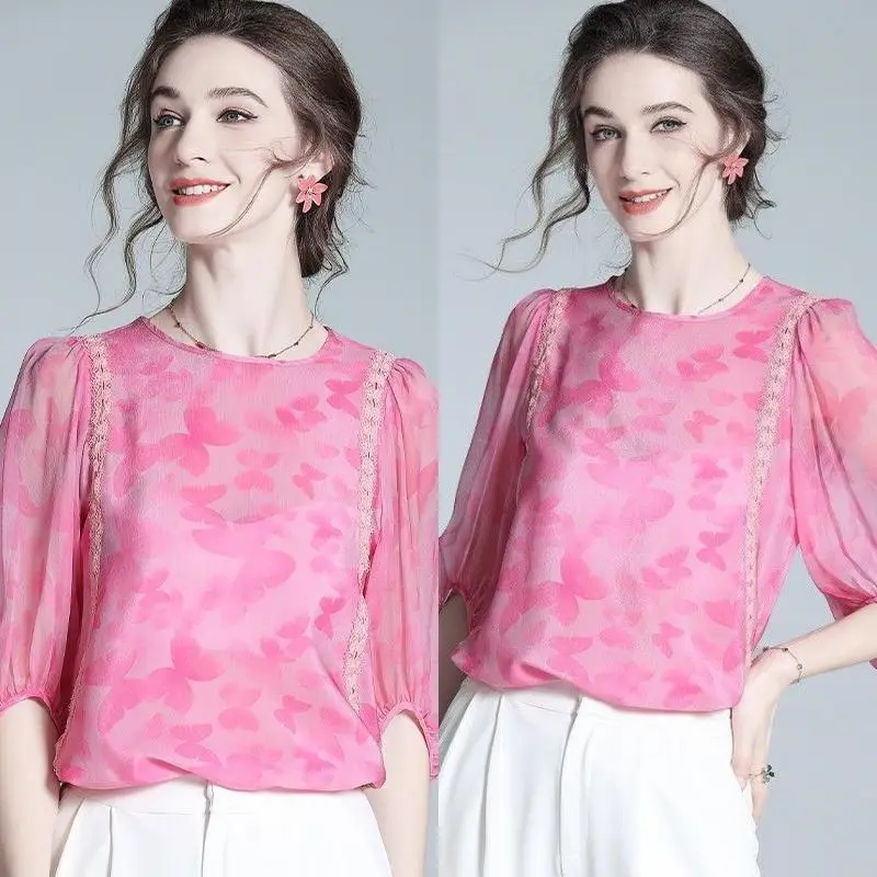 Blusa solta de chiffon feminina, cor rosa, camisa casual, elegante top de escritório, moda luxuosa, verão