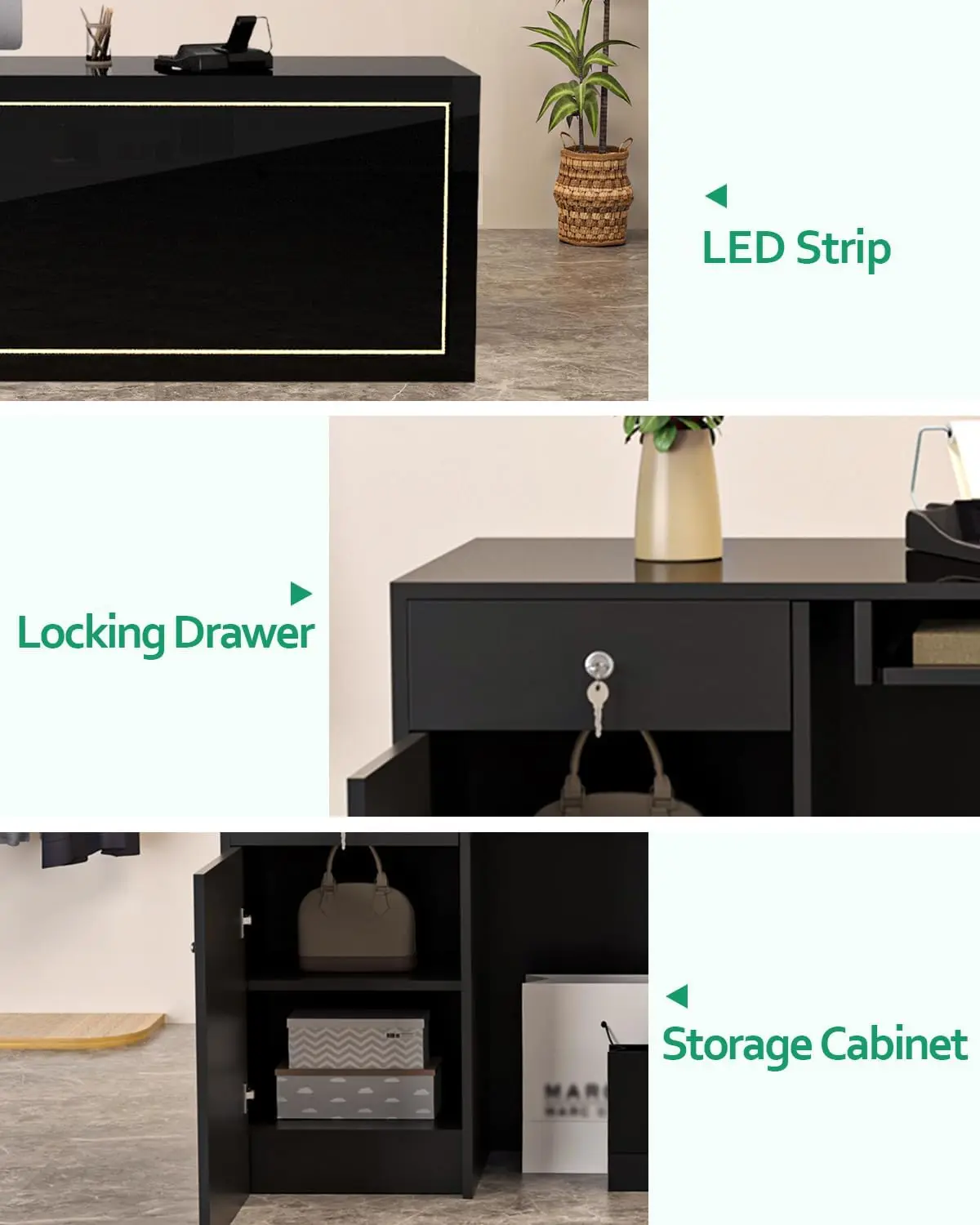 Black Reception Desk with Counter, Modern Solid Wood Front Reception Room Table Secretary Desk, Retail Counter for Checkout.