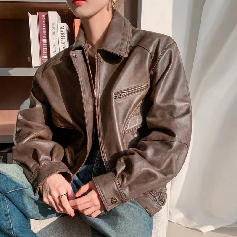 American Retro Brown Genuine Sheepskin Jackets Coats For Women Fashion Fall Streetwear Female Casual Loose Real Leather Jackets