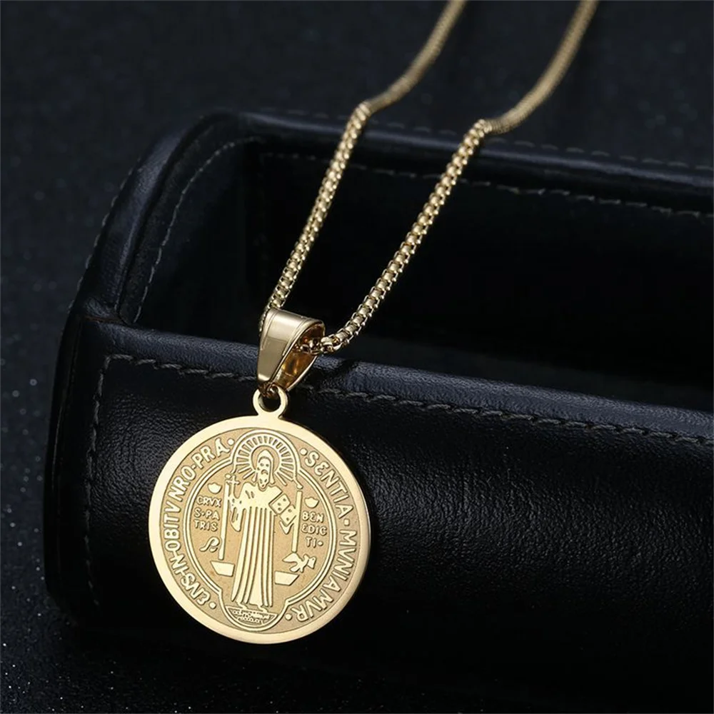 Religious San Benito Holy Medal Pendant Gold Color Stainless Steel Jesus Cross Round Necklace for Women Men Fashion Jewelry Gift