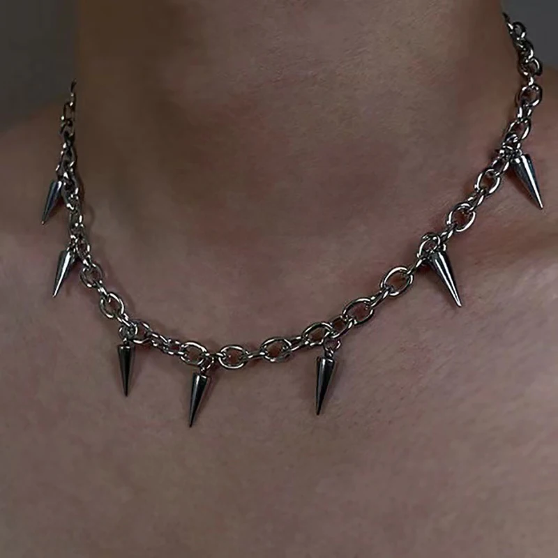 Men Punk Style Rivet Tassel Necklace Hip Hop Women Fashion Geometric Titanium Steel Chain Necklace image 4
