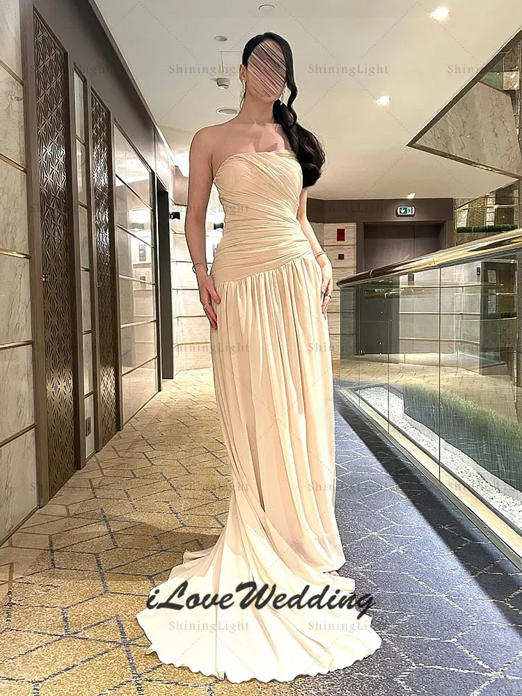 ShiningLight A ラインストラップレスイブニングドレスサウジアラビアシフォンロングウエディングドレスドバイパーティードレスローブドソワレカスタマイズ