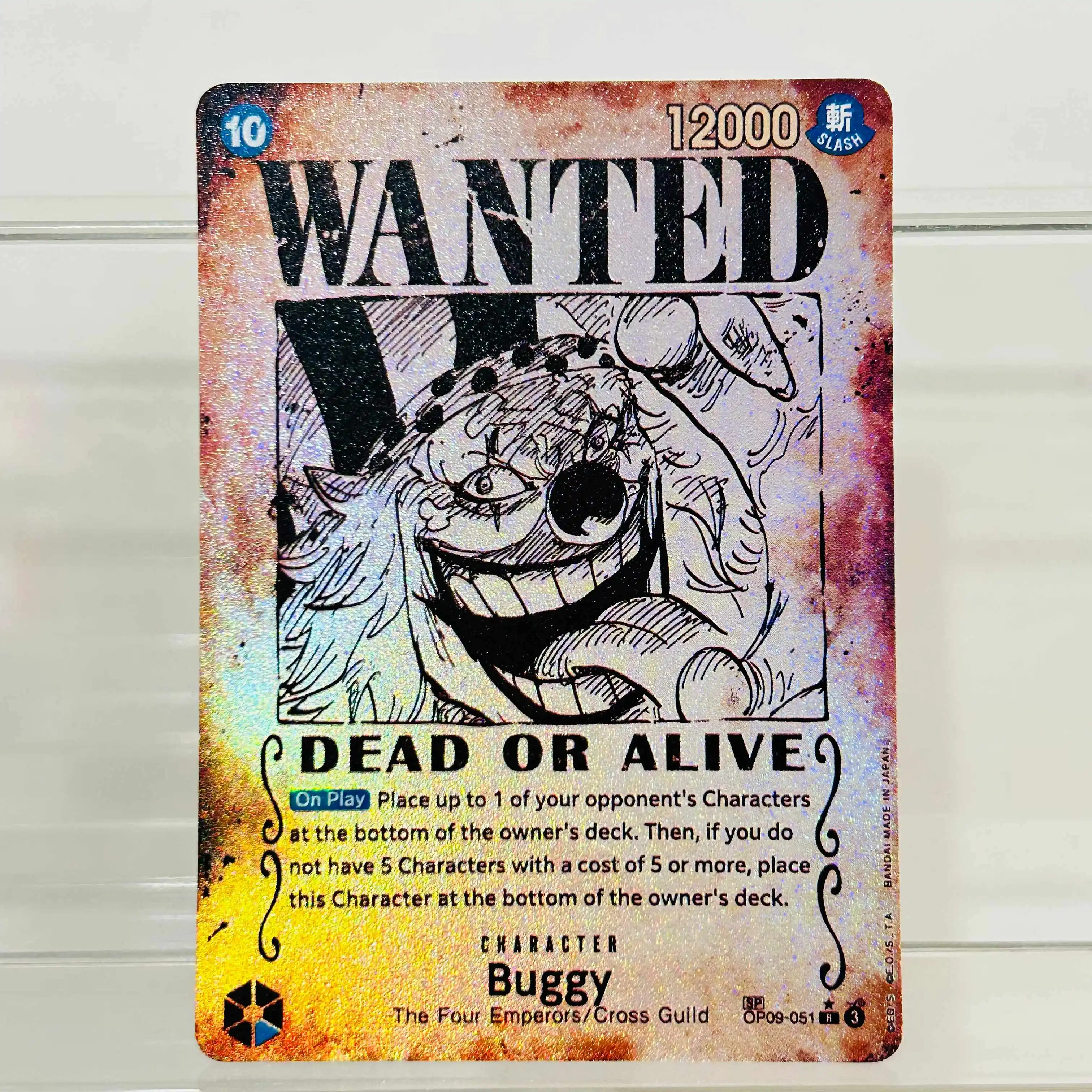 Tarjeta Coleccionable One Piece Buggy OP09-051 SP con Diseño de Carta de Búsqueda, Textura Holográfica, Grado Coleccionable, Tarjeta de Anime Premium DIY