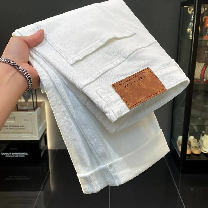 

2026 New Pure White Slim Fit Jeans For Men Minimalist Versatile Stylish Streetwear Slim Leg Casual Long Denim Pants