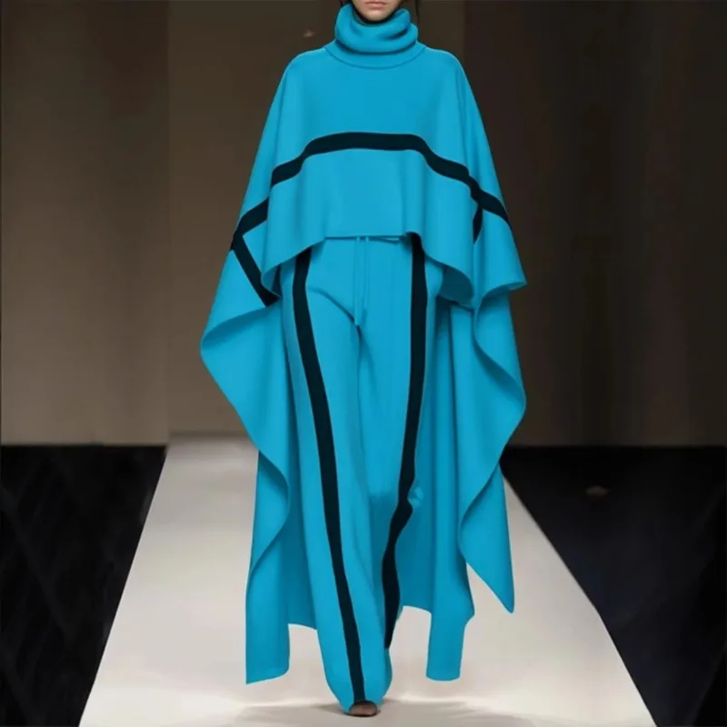 

Autumn Winter Women Two Piece Set Elegant Loose Turtleneck Cloak Pullover Top Wide Leg Pants Suit 2025 Outfits Trousers Set