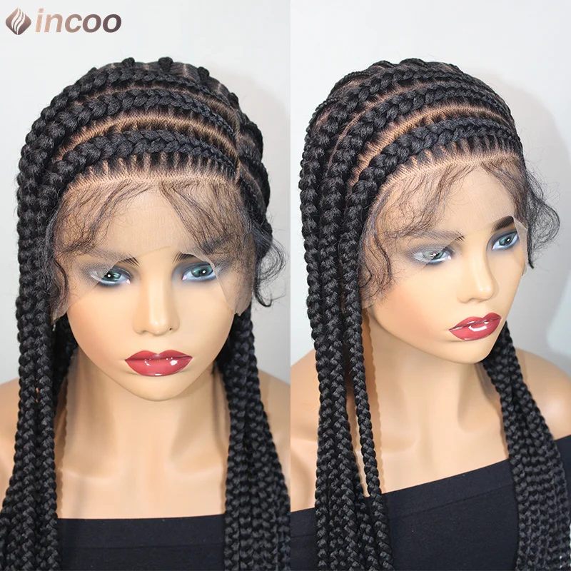 

36 Inch Synthetic Cornrow Braided Wig Side Part Full Lace Front Braids Wig for Black Women Knotless Box Braiding Hair Easy to We