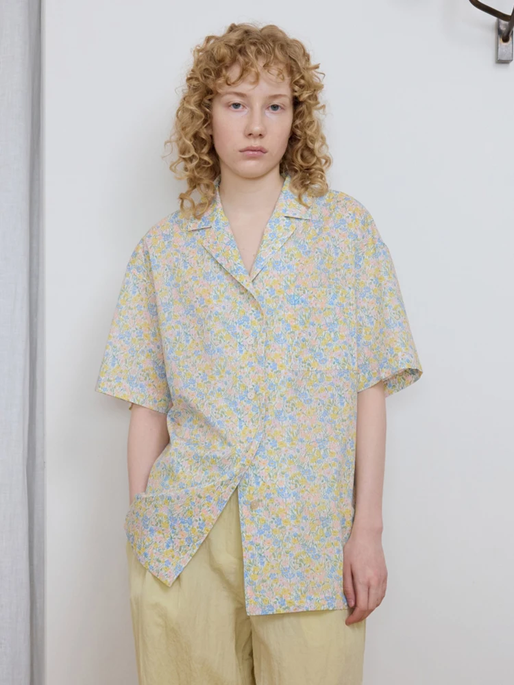 

Lerobe Floral Print Short Sleeve Shirt Women's Fashion Retro Versatile Turn-down Collar Midi Sleeve Cotton Casual Shirt