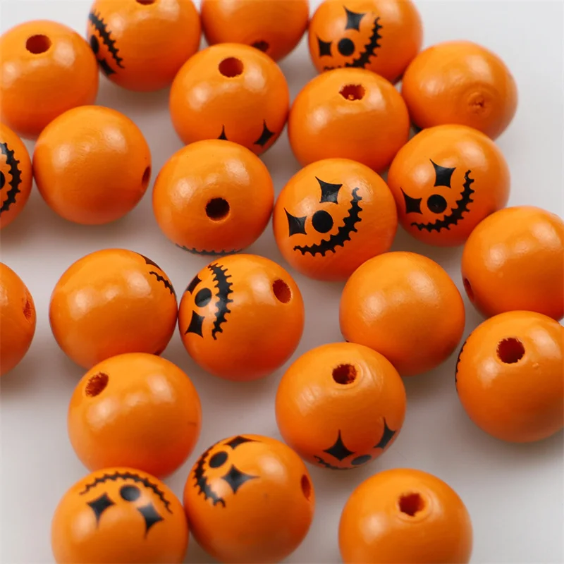 10pcs Halloween Pumpkin Bead Wooden Skull Spider Web Witch Round Loose Beads DIY Crafts Decoration Halloween Party Supplies Gift