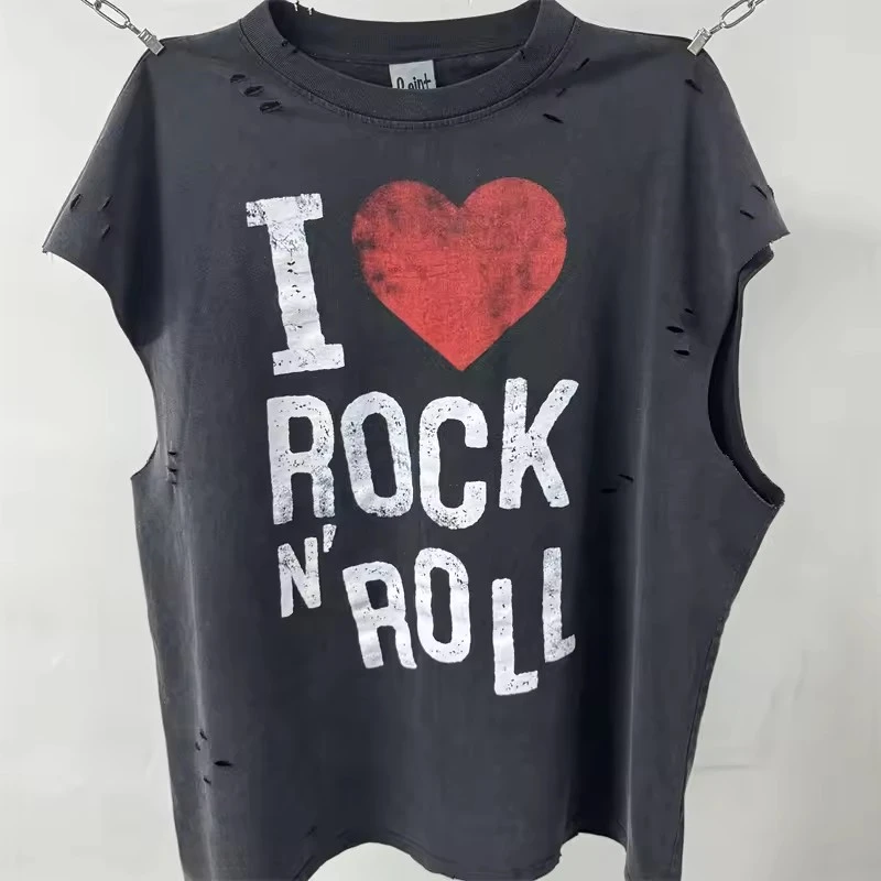 

Washed Hole SAINT Men's Clothing Classic I LOVE ROCK Graphic Tank Tops T Shirt Men Women Oversized High Street T-shirt