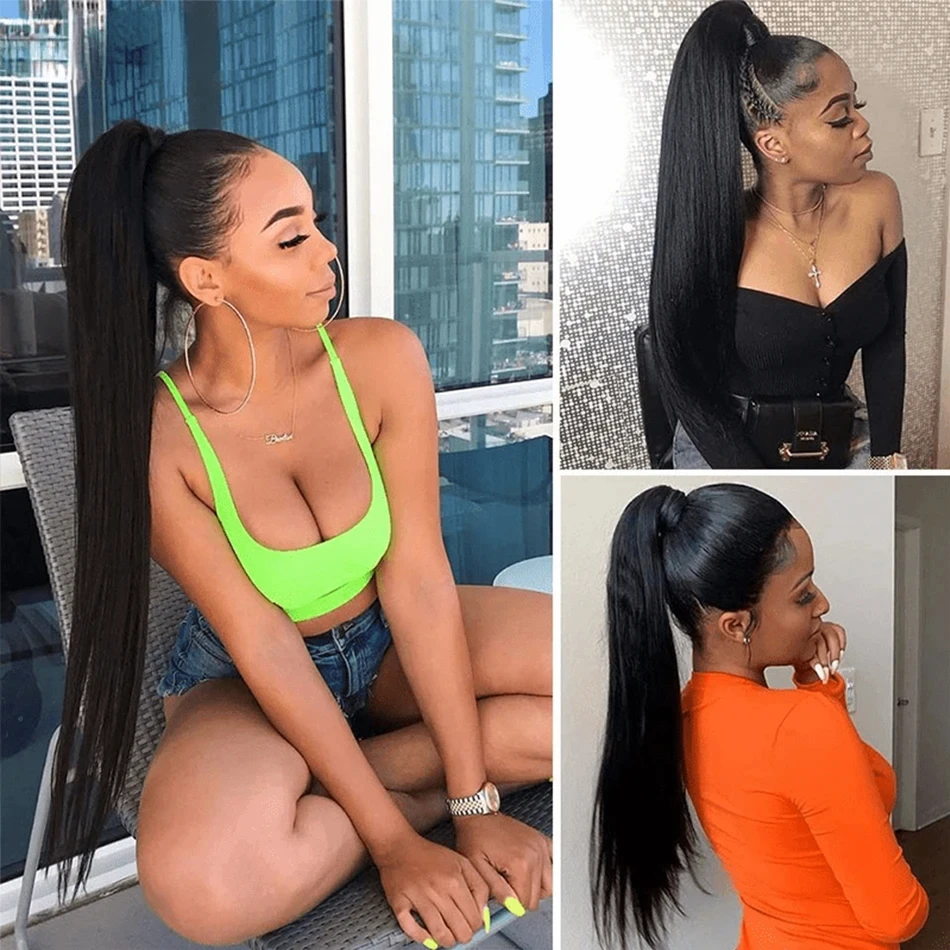 Ponytail Extension 100% Real Human Hair Ponytail Silky Straight Wrap Around Jet Black Clip in Ponytail Hair Extension For Woman