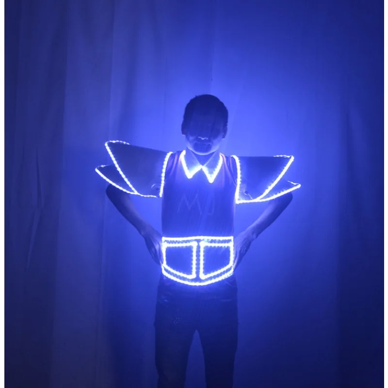 LED Luminous Shoulder Armor Nightclub Gogo Dancer Costume Men Party DJ Singer Waist Belt Light Up Clothing Fancy Dress Up Suit