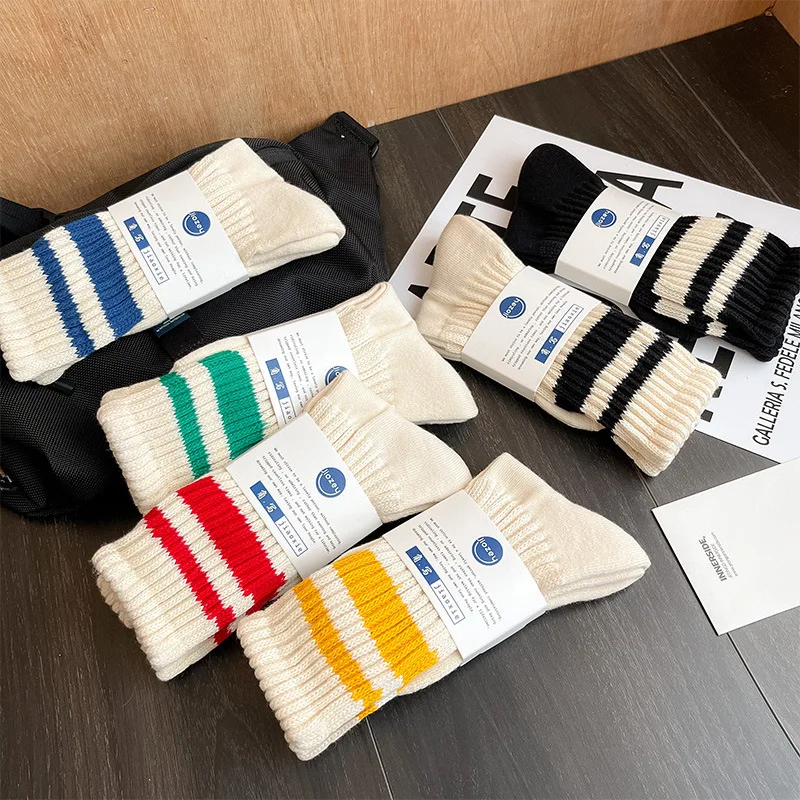 Men\'s Striped Vintage Japanese Sports Socks Towel Bottom Medium Tube Socks Thickened Couple Socks Knitted Casual Socks