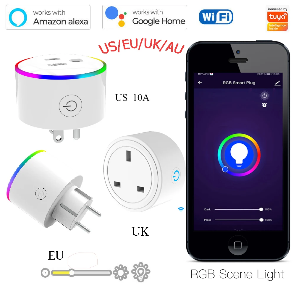 Tuya Wifi Smart LED RGB Dimmer Socket Timing Switch Wireless Power Plug Voice Control Alexa Electrical Outlet EU/US/UK/AU