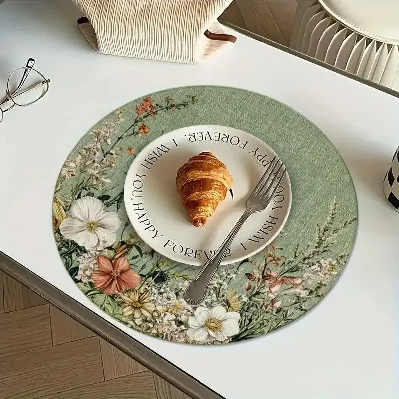 VIKAMA green linen wild floral round placemats heat resistant waterproof washable table mat non slip plate pad