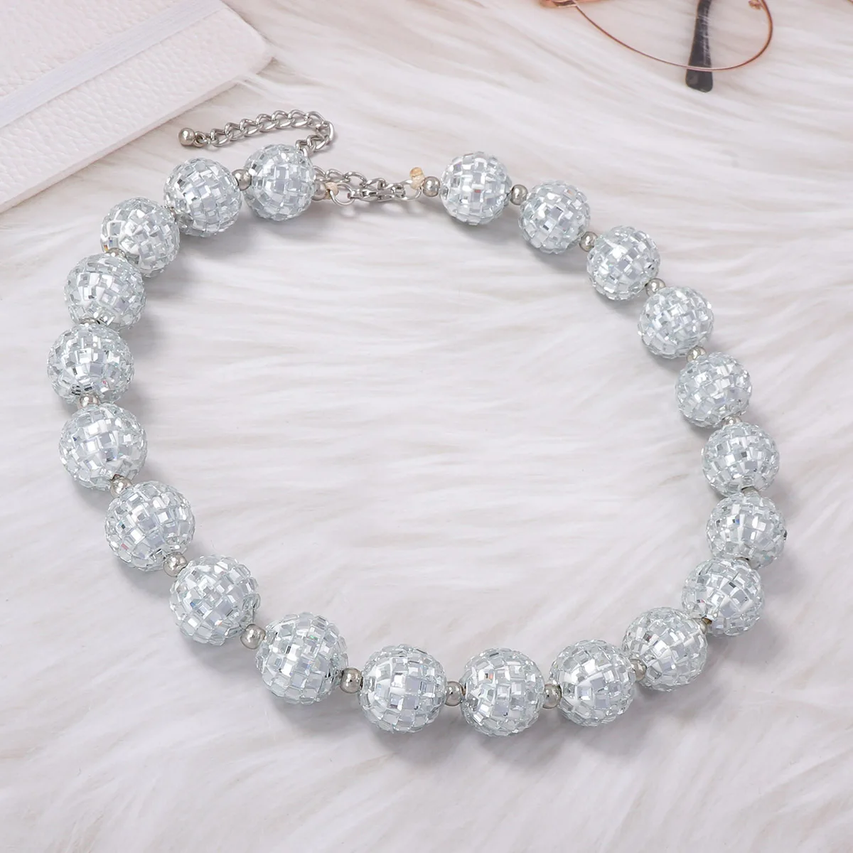 Fashion Personality Versatile Casual Temperament Light Luxury Geometric Disco Spherical Handmade Beaded Super Flash Necklace Wom