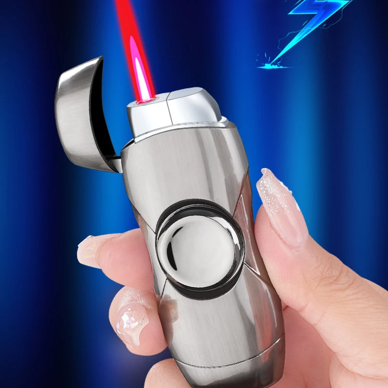 Funny Fidget Spinner Metal Lighter Windproof Red Flame Inflatable Lighter Pressure Reducing Gyroscope Cigar Lighter Gift for Men