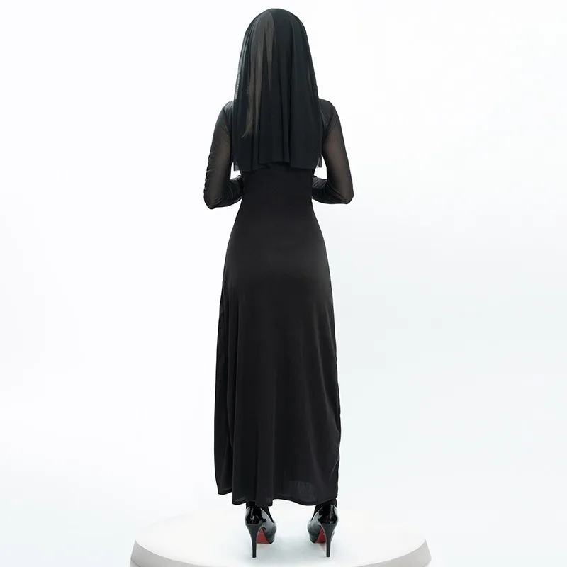 Disfraz de monja Sexy para mujer, vestido gótico ajustado, collar cruzado, velo de encaje, traje de juego de rol para fiesta de Halloween, Cosplay negro