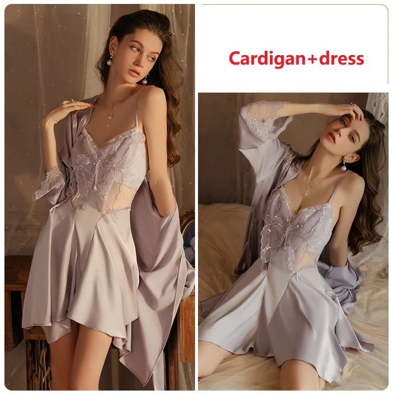 ชุดคลุมแต่งงานสีชมพู ชุดนอนเซ็กซี่สำหรับผู้หญิง ชุดนอนลูกไม้ลายผีเสื้อ ชุดนอนเซ็กซี่ ชุดชั้นในวาบหวิว ผ้าซาติน ชุดนอนใส่สบายๆ ในบ้าน
