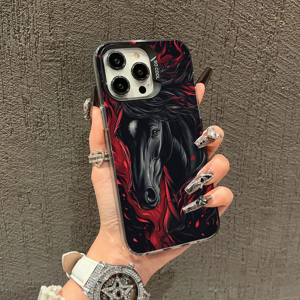 

Black horse pattern case for iPhone 16 15 14 13 12 11 Pro/ Max/Plus shock-proof rear cover anti-fingerprint