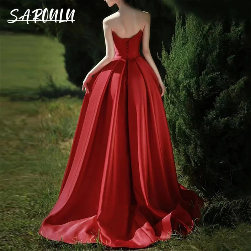 Red Sequined Long Evening Dress For Women With Side Slit Sexy Strapless Ballgown Prom Dress In Stock Court Train Party Gown