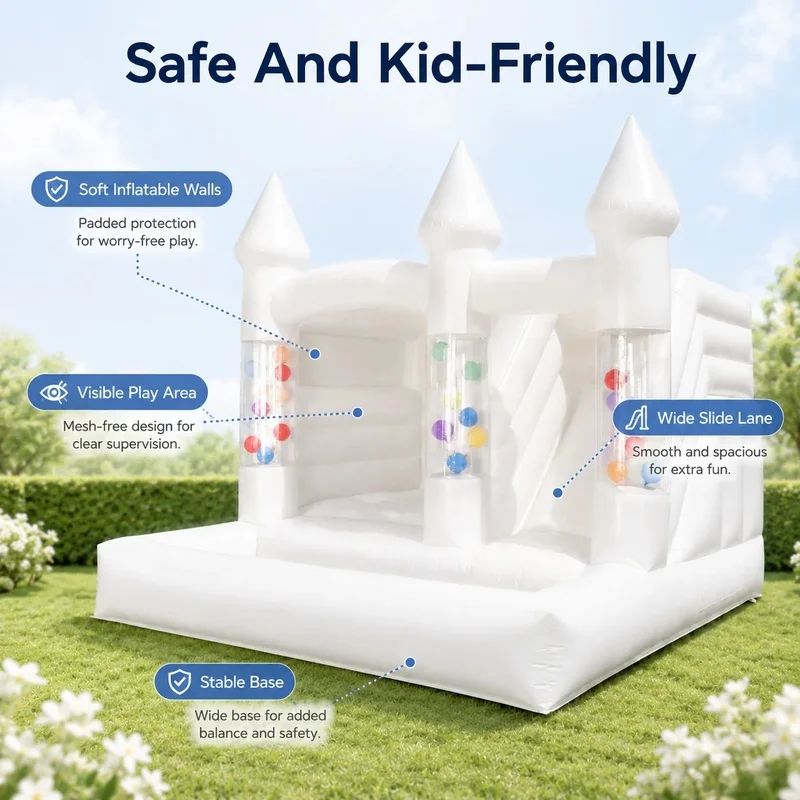 Floating Balloons in the Side Pillars Inflatable Bounce House White Jumping Castle with Ball Pit Slide for Wedding Party Event