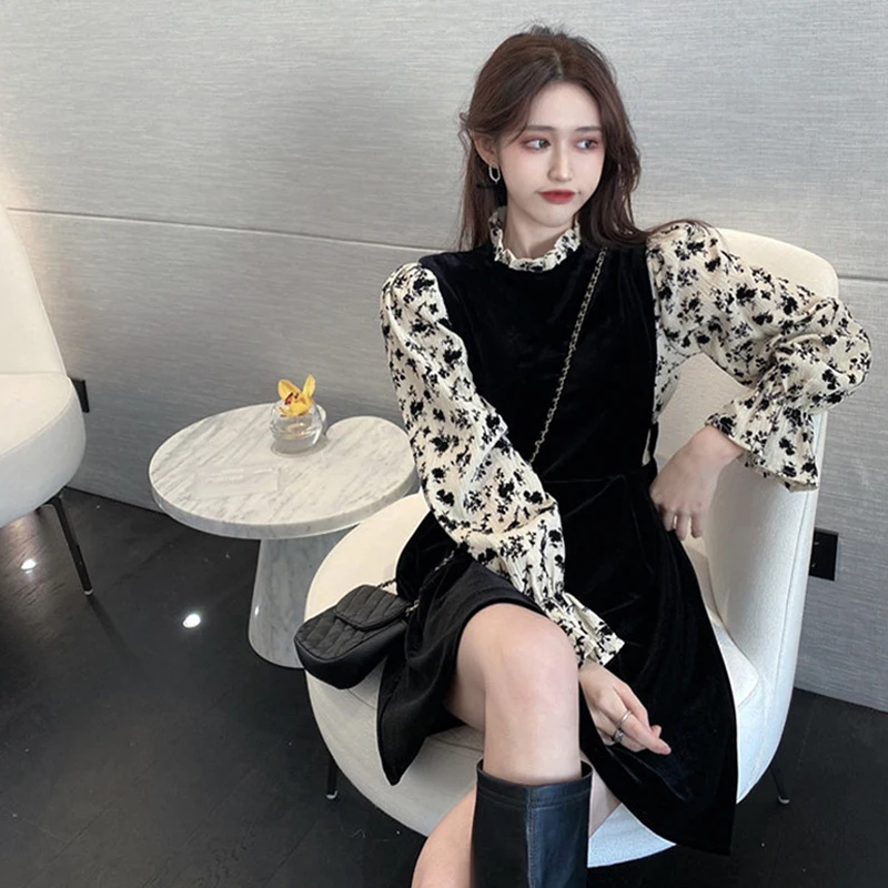 

Dress Women Chic Vintage Elegant Patchwork Fake 2 Piece Flare SleeveTemperament Loose Leisure Korean Style Female Vestidos Soft