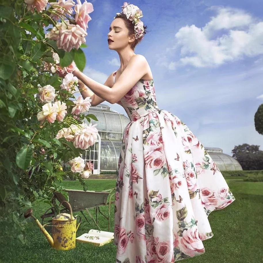 

2026 White Roses Print Women Dress Summer Spaghetti Straps Ball Gown Dresses For Womens Party Dress 52809