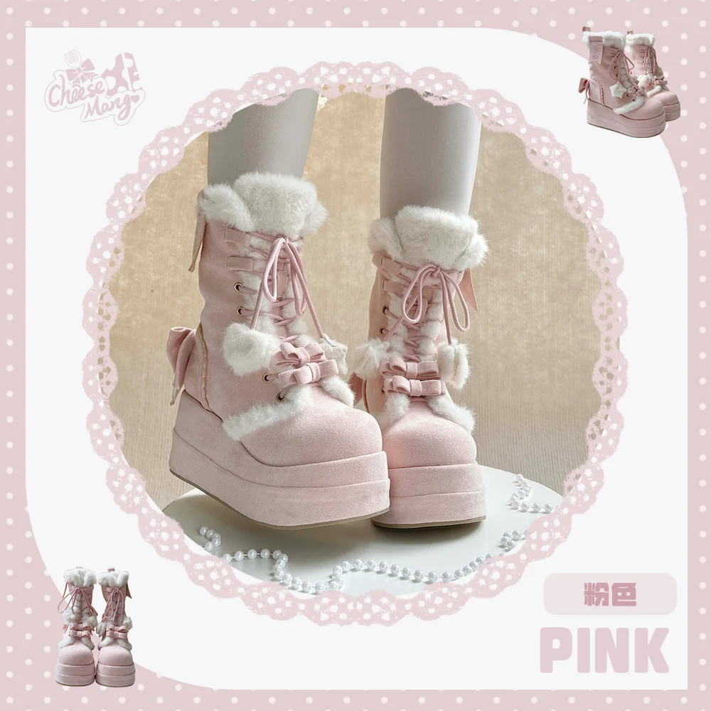

Velvet Snow Rabbit Cheese Mango Story Lolita Cute Snow Boots Japanese Sweet Girl Thick-soled Shoes Autumn/winter Mid-calf Boots