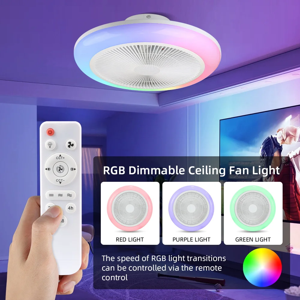 Lámparas de ventilador de techo LED RGB, luces de ventilador de techo con Control remoto silencioso regulable, iluminación inteligente LED para