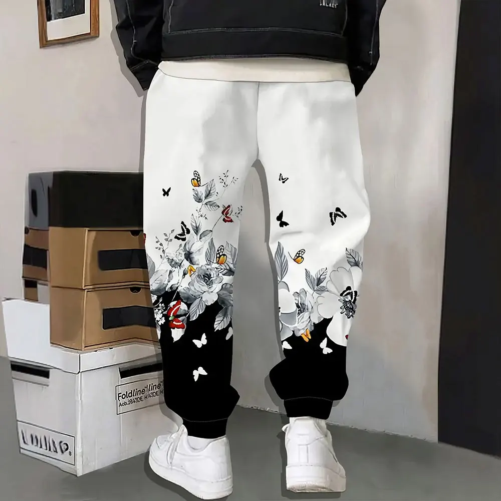 Homens calças esportivas ao ar livre moda borboleta impressão sweatpants homens solto bolso cordão moletom inverno grosso quente moletom
