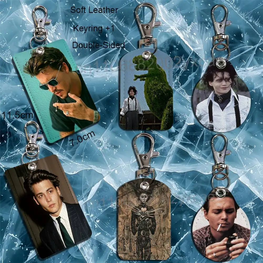 

Actor Johnny Depp Scissorhands Edward Rectangle ID Card Case Keychain Access Card Bag Key Tag Ring Leather Card Holder Key Ring
