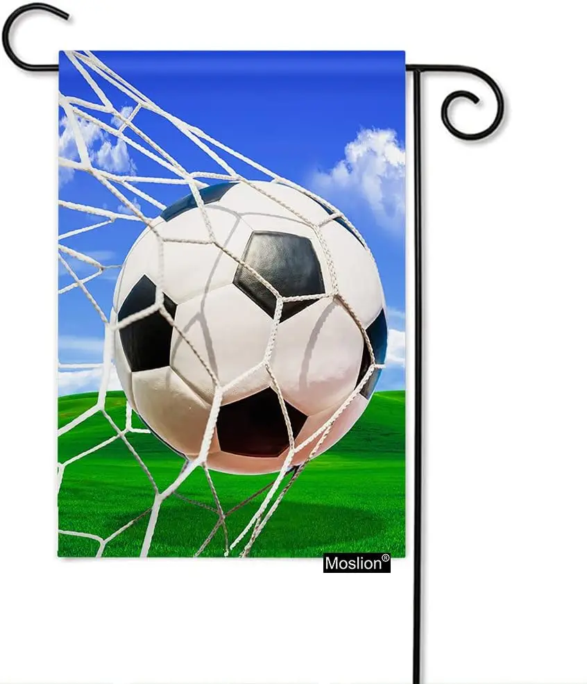 Moslion Soccer Garden Flag Vertical Double Sided Sports White and Black Football in Ball Net in Green Field Grass Blue Sky House