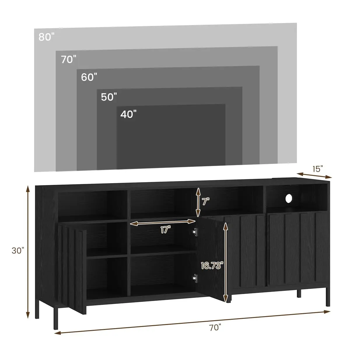 Black Fluted TV Stand 70 Inch Console with Power Outlet Supports 80 Inch TV Adjustable Shelves Modern Storage Entertainment Cent