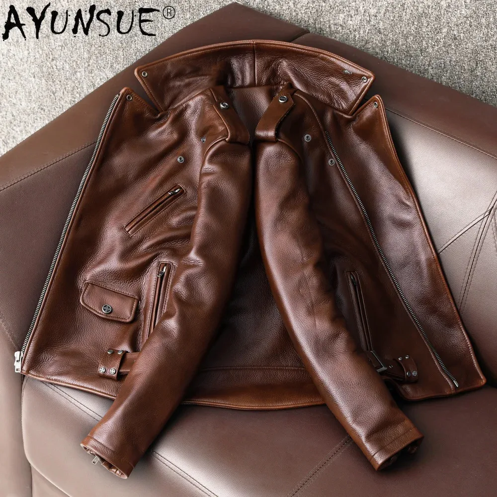 Genuine AYUNSUE Cow Leather Clothing Motorcycle Sheepskin Coat Autumn Spring Brown Biker Jacket for Men Style 2024 KJ