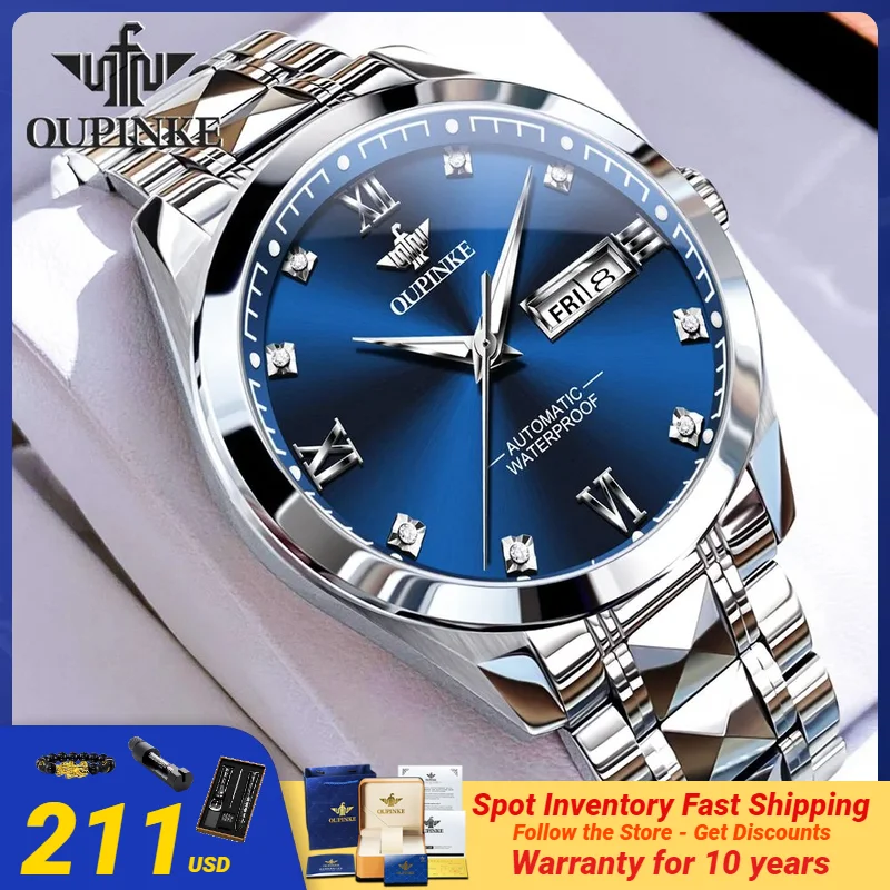 

OUPNKE Business Blue Men's Watches Fully Automatic Mechanical Wristwatch for Men Date Week Waterproof Luminous Luxury Watch