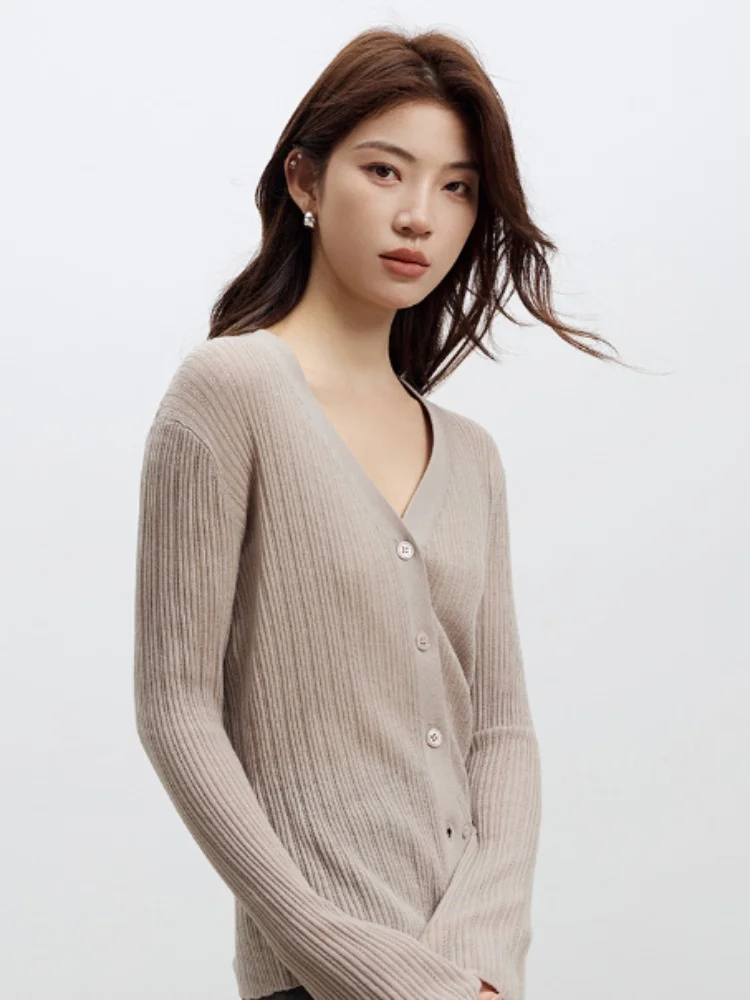 Birdtree 32.4% Sheep Wool 30.1% Acrylic Hollow Cardigan,Woman V-neck Autumn Full Sleeve Single Breasted Knit Coat Top T58510JF