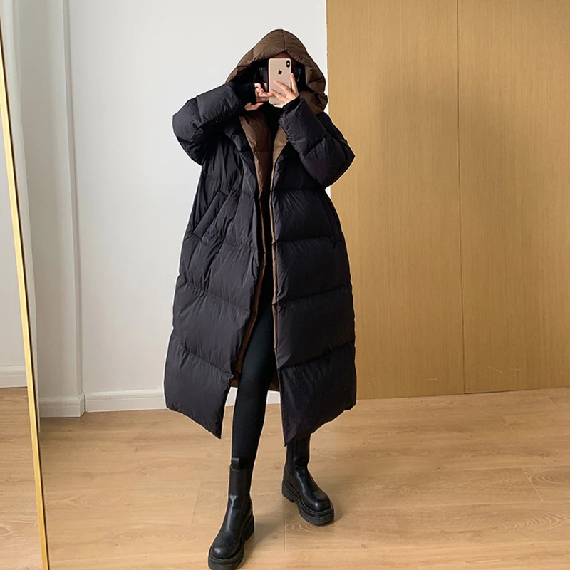 Long Women\'s Duck Down Coat Winter Oversized Luxury Warm Hooded Patchwork Puffer Jacket 2023 Desinger Female Fluffy Outwear