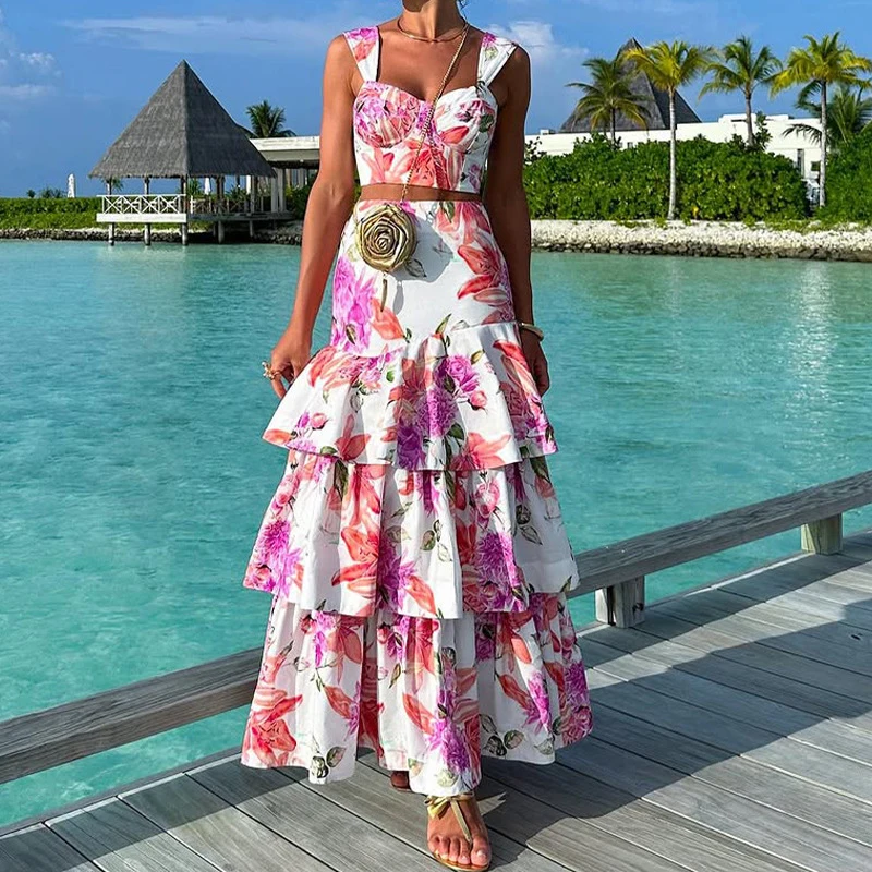 

Summer Hollow Sleeveless Suspender Party Suit Casual Women High Waist Long Skirt Holiday Set Flower Print Pleats Beach Two Piece