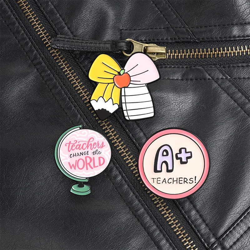 Pencil Bow Teacher Appreciation Enamel Pin, Cute School Supplies Brooch with Red Apple for Thank You Gift and Classroom Style
