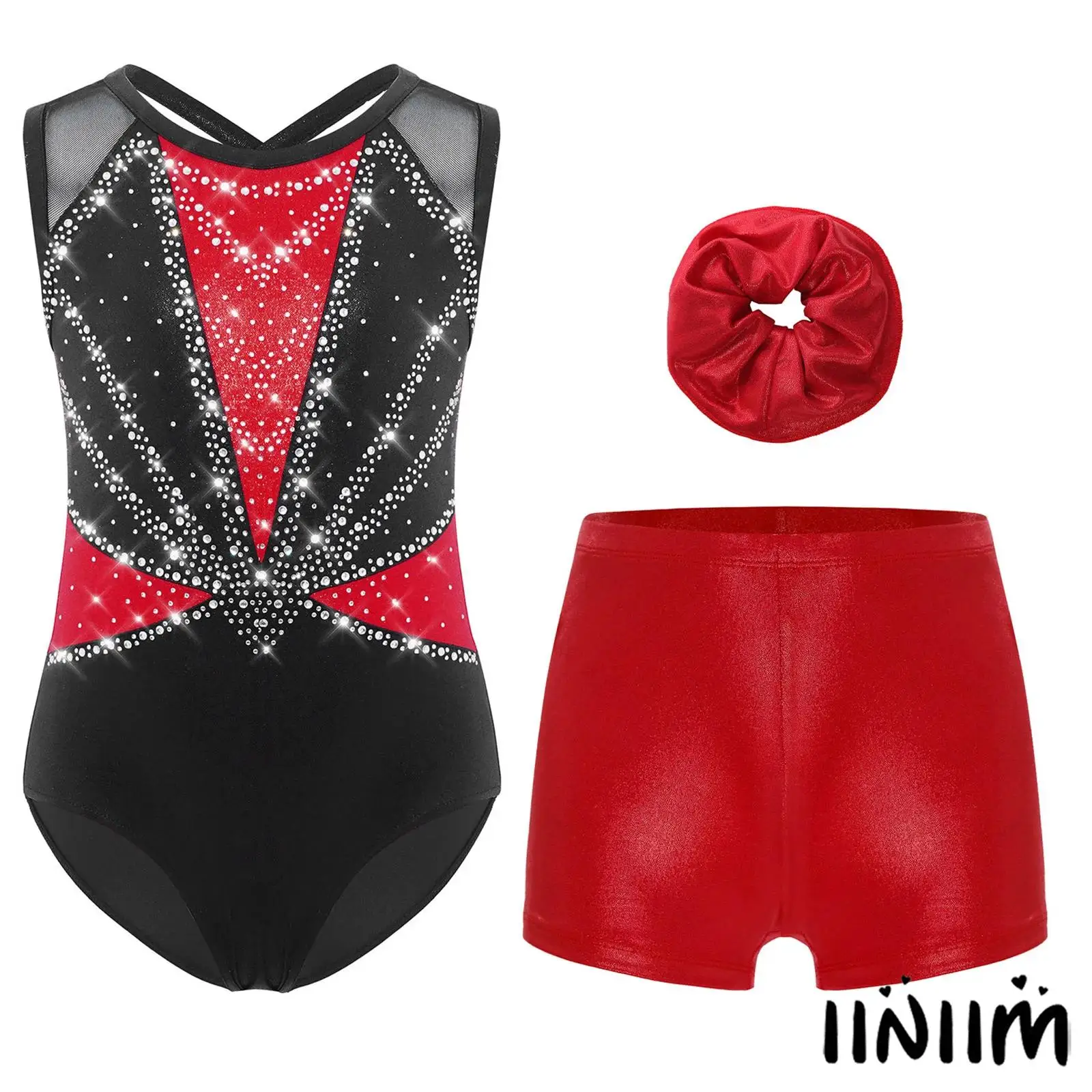 

Crisscross Back Rhinestone Leotard for Girls Gymnastics Figure Skating Costume Press Buttons with Shorts Hairband 3Pcs Set